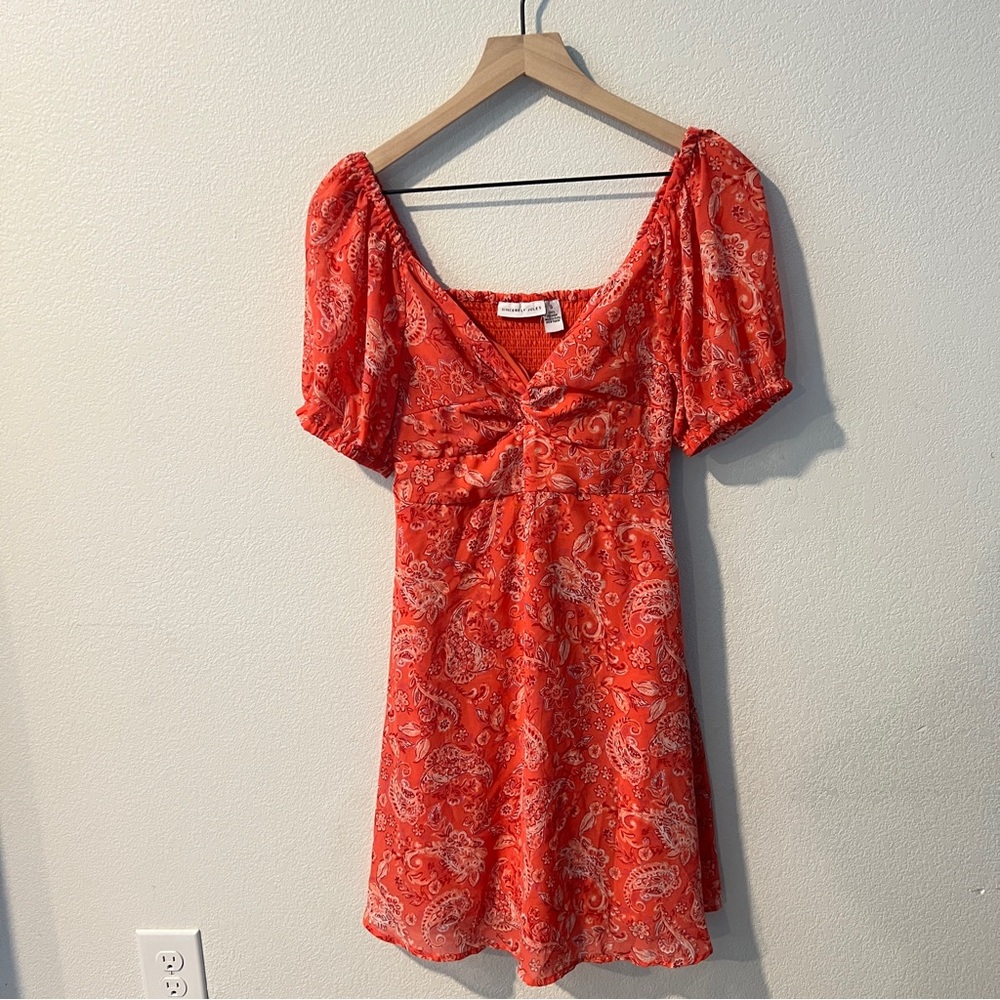Sincerely Jules Vibrant Coral Paisley Print Chiffon Sweetheart Mini Dress Size S